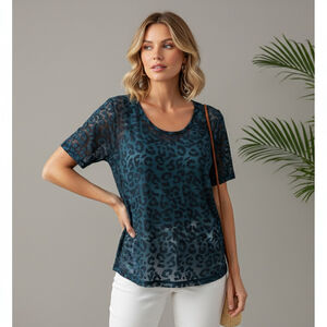 LOFT Animal print semi sheer top cotton burnout short sleeve Whimsigoth Sz M